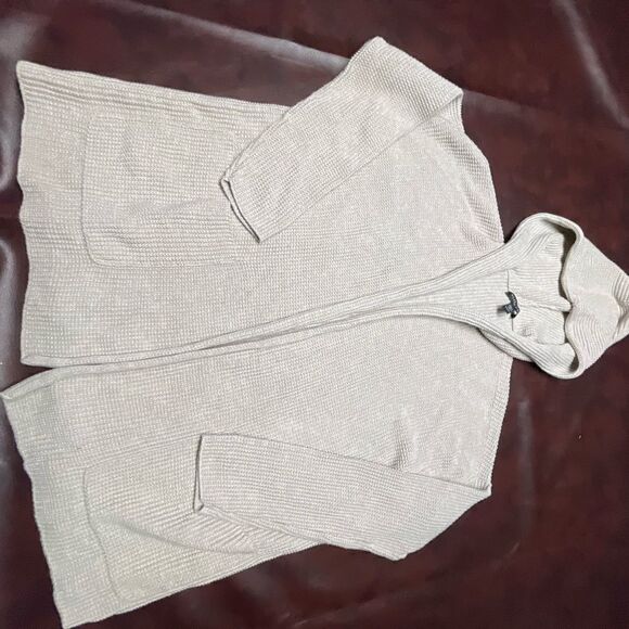 Eileen‎ Fisher beige tan open front cardigan with hood, size XXS - Picture 9 of 16